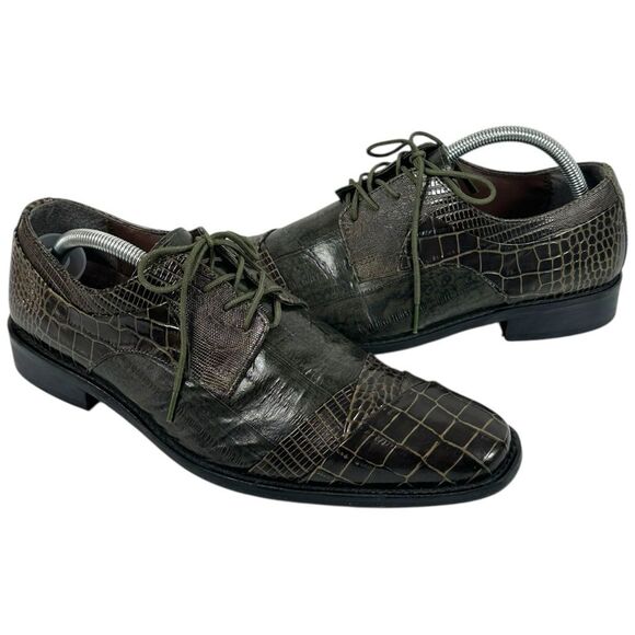 Stacy Adams Garibaldi Brown Alligator Eel Print Leather Cap-Toe Dress Shoes 8.5M